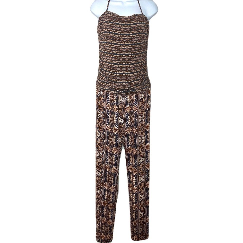 CAbi Strapless Jumpsuit Mosaic Print in Navy Brown and Rust Earth Tones